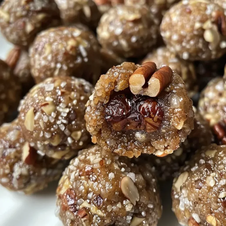 ['Close-up view of Pecan Pie Energy Bites rolled in crushed pecans.', 'Side angle of Pecan Pie Energy Bites showcasing their texture and shine.', 'Juicy Pecan Pie Energy Bites on a plate, highlighting their deliciousness.', 'A detailed shot of Pecan Pie Energy Bites with pecans in the background.']