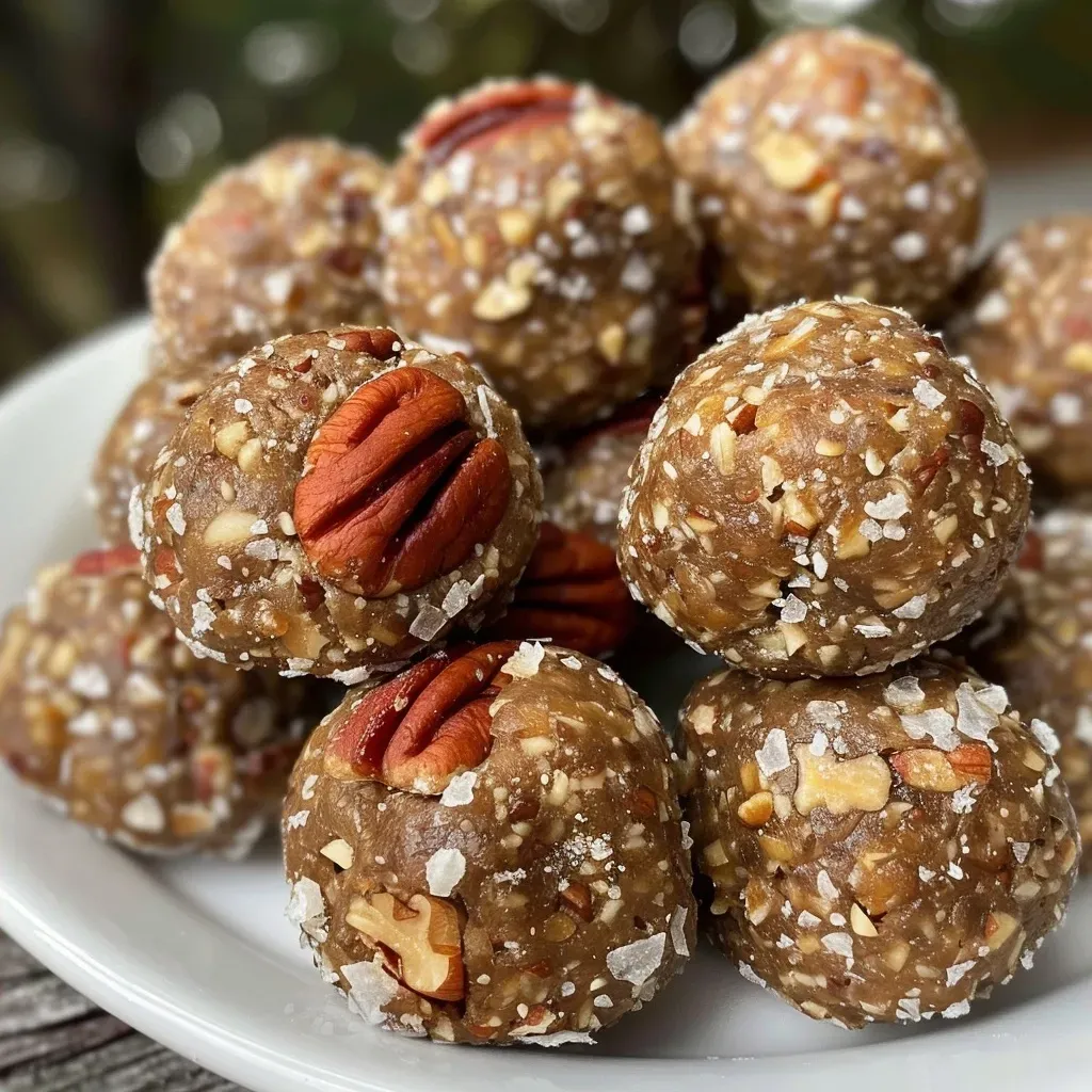 Close-up view of Pecan Pie Energy Bites rolled in crushed pecans.