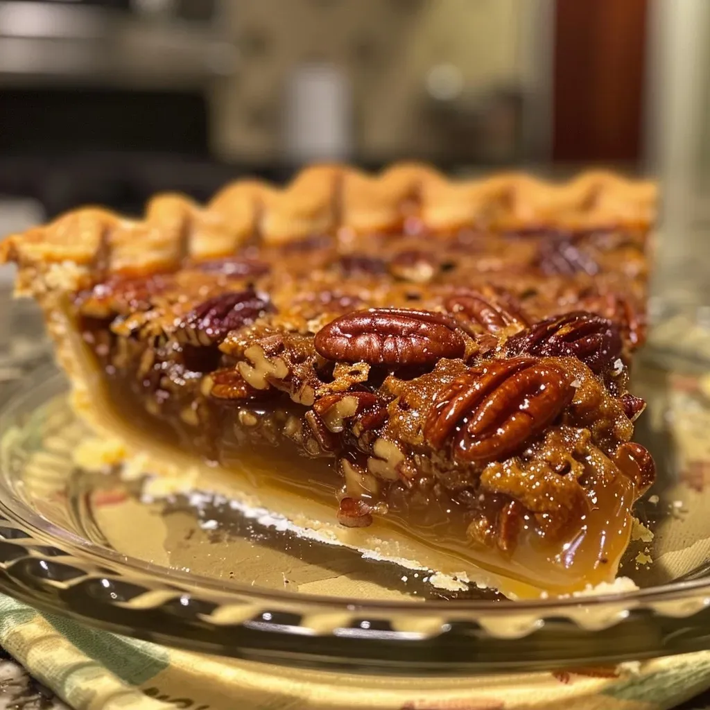 ['A close-up side view of a freshly baked pecan praline pie with a golden crust.', 'Delicious pecan praline pie showcasing a shiny, caramelized layer on top and chopped pecans.', 'A detailed view of a slice of pecan praline pie revealing its rich filling and flaky crust.', 'Side angle of a pecan praline pie featuring a glossy surface with whole pecans scattered on top.']