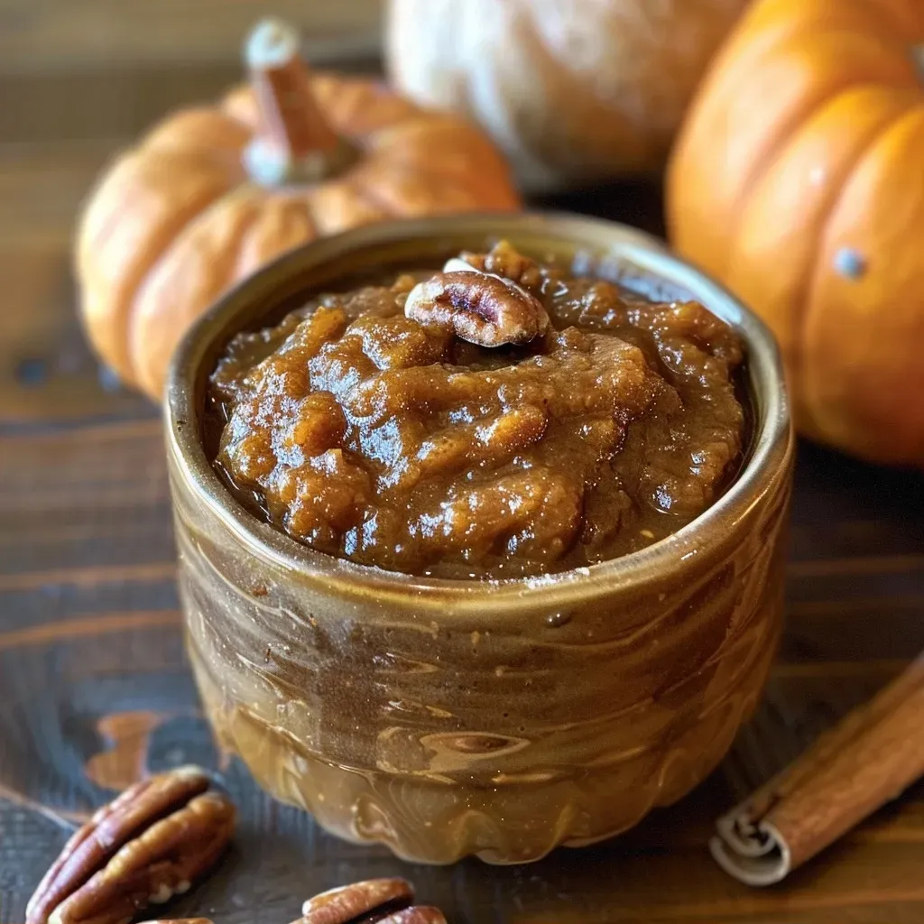 Close-up shot of creamy pecan pumpkin butter in a jar.