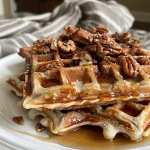 ['Close-up view of golden-brown pecan waffles topped with chopped toasted pecans.', 'Side shot of delicious pecan waffles with a drizzle of syrup and pecan butter.', 'Juicy pecan waffles stacked high, showcasing their texture and crunchy toppings.', 'Deliciously crispy pecan waffles, highlighting the toasted pecans and warm golden color.']