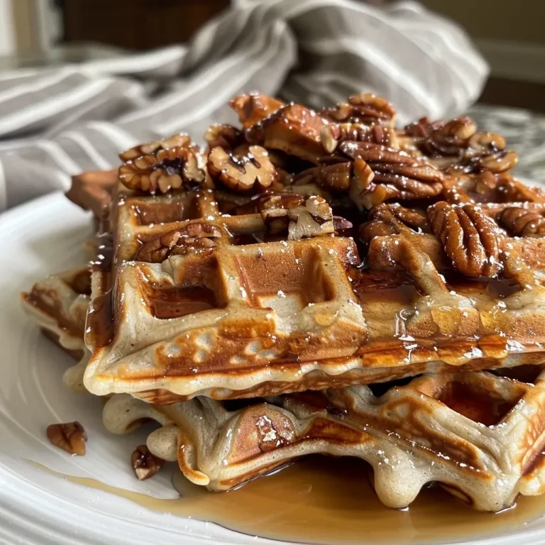 ['Close-up view of golden-brown pecan waffles topped with chopped toasted pecans.', 'Side shot of delicious pecan waffles with a drizzle of syrup and pecan butter.', 'Juicy pecan waffles stacked high, showcasing their texture and crunchy toppings.', 'Deliciously crispy pecan waffles, highlighting the toasted pecans and warm golden color.']