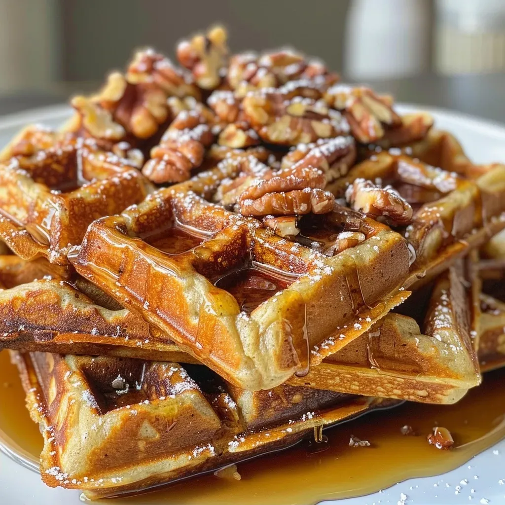 ['Close-up view of golden-brown pecan waffles topped with chopped toasted pecans.', 'Side shot of delicious pecan waffles with a drizzle of syrup and pecan butter.', 'Juicy pecan waffles stacked high, showcasing their texture and crunchy toppings.', 'Deliciously crispy pecan waffles, highlighting the toasted pecans and warm golden color.']
