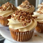 ['Close-up view of a praline cupcake topped with toffee bits and creamy frosting.', 'Side view of a delicious praline cupcake showcasing a rich, inviting swirl of frosting.', 'A scrumptious praline cupcake with a glossy finish and a sprinkle of toffee bits on top.', 'Detailed shot of a praline cupcake featuring a soft texture and a decadent frosting layer.']