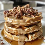 ['A close-up side view of golden-brown Praline Waffles topped with pecans and syrup.', 'Delicious Praline Waffles with a crispy exterior and rich toppings of chopped pecans and maple syrup.', 'A tantalizing side view of freshly made Praline Waffles, showcasing their texture and toppings.', 'Juicy Praline Waffles displayed elegantly with a drizzle of syrup and a sprinkle of pecans.']