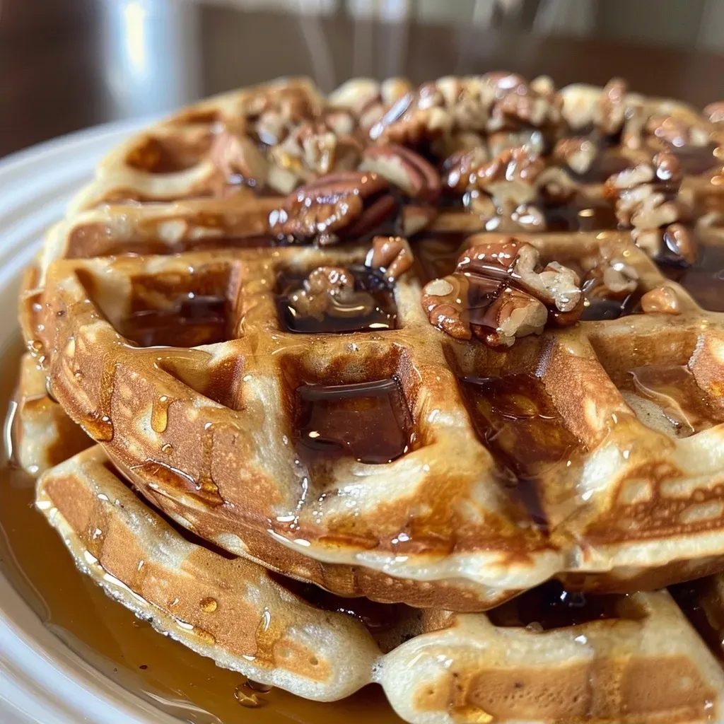 A close-up side view of golden-brown Praline Waffles topped with pecans and syrup.