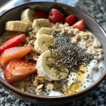 ['A close-up side view of creamy protein overnight oats topped with fresh fruit.', 'A delicious serving of protein overnight oats in a clear bowl, showcasing layers of oats and yogurt.', 'Side view image of protein overnight oats, highlighting the colorful fruit toppings and smooth texture.', 'A close-up of vibrant protein overnight oats, featuring oats, yogurt, and a sprinkle of chia seeds.']