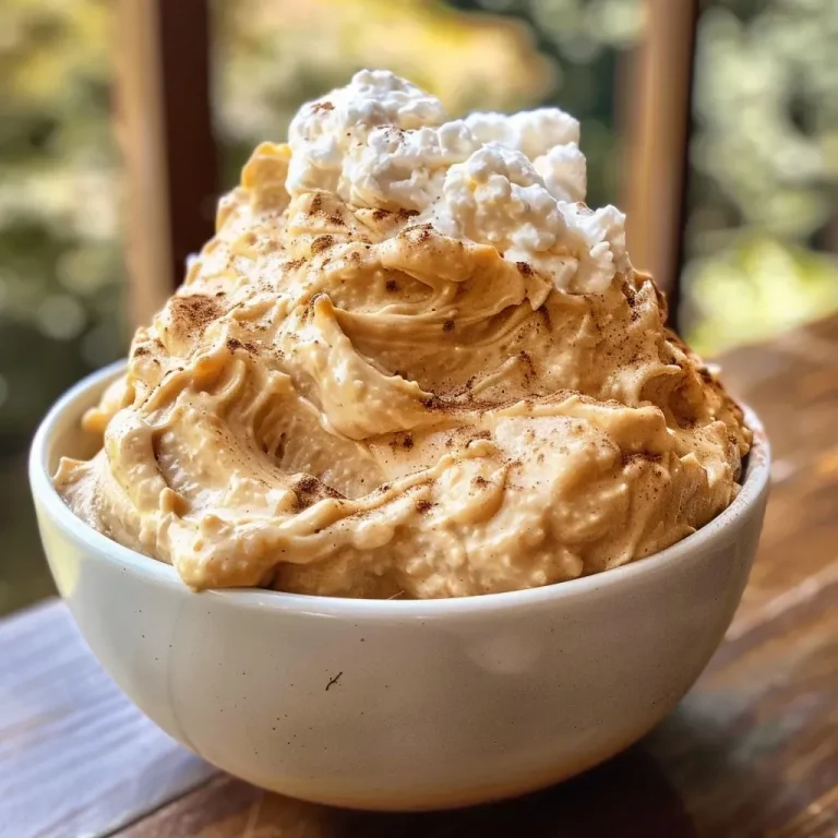 ['Close-up view of a creamy bowl of Protein Pumpkin Fluff.', 'Side view of Protein Pumpkin Fluff in a white bowl, showcasing its texture.', 'Thick, orange dessert in a bowl, topped with a sprinkle of spices.', 'Textured Pumpkin Fluff with visible ingredients in a serving bowl.']