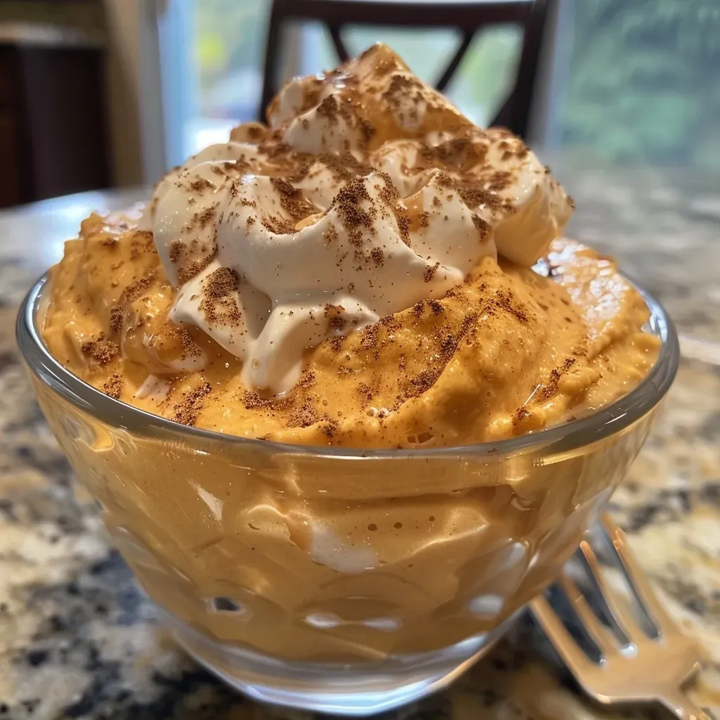 Close-up view of a creamy bowl of Protein Pumpkin Fluff.