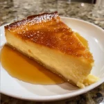 ['Close-up side view of a creamy Puerto Rican Flan de Queso, highlighting its smooth texture.', 'Detailed view of a slice of Puerto Rican Flan de Queso, showcasing its rich golden color and glossy surface.', 'Side perspective of a luscious cheese flan with a caramel glaze, emphasizing its soft, decadent layers.', 'Mouth-watering image of a Puerto Rican cheesecake flan, with a shiny caramel topping glistening.']