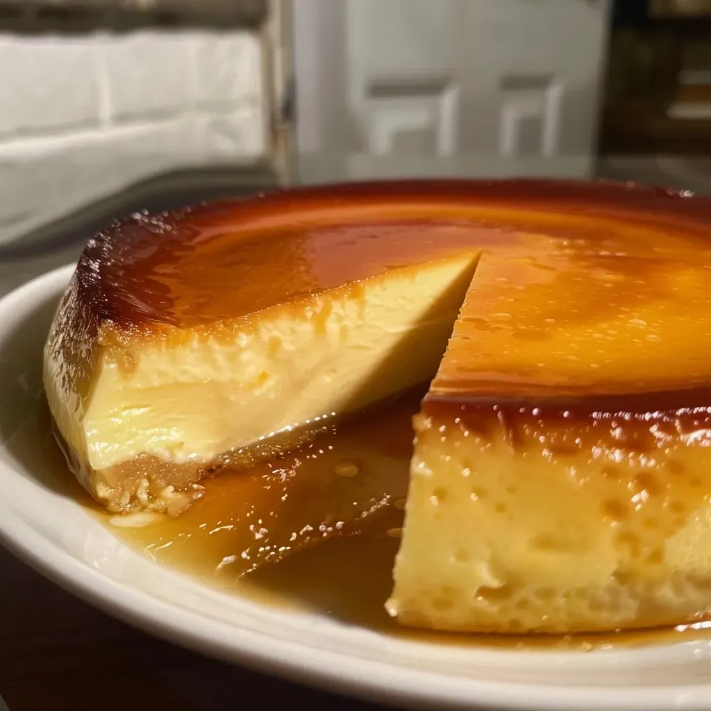 Close-up side view of a creamy Puerto Rican Flan de Queso, highlighting its smooth texture.