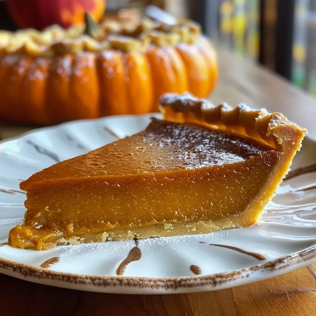 Close-up view of a pumpkin and spiced caramel tart showing its smooth, rich filling and golden crust.