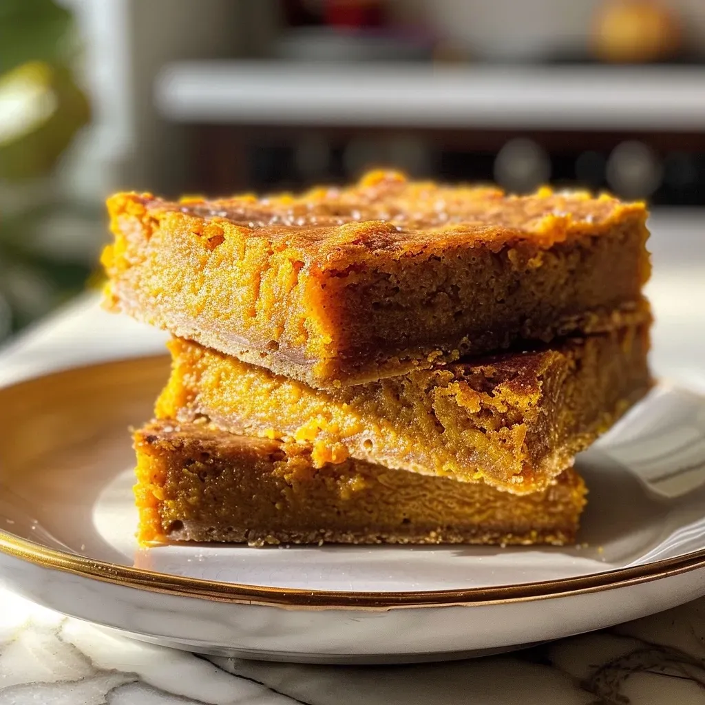 ['Close-up image of a slice of pumpkin bars with creamy frosting.', 'Side view of delicious pumpkin bars topped with a light frosting.', 'Juicy pumpkin bars displayed on a plate, highlighting their texture.', 'A slice of pumpkin bars with visible spices and a creamy topping.']