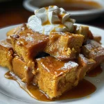 ['A close-up view of a slice of pumpkin bread pudding, showcasing its moist texture and rich color.', 'A side angle of pumpkin bread pudding, highlighting the golden-brown crust and creamy filling.', 'A detailed close-up of pumpkin bread pudding, displaying chunks of bread and pumpkin blended together.', 'A mouthwatering slice of pumpkin bread pudding, adorned with a drizzle of caramel sauce.']