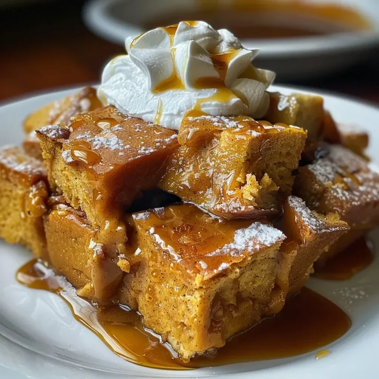 ['A close-up view of a slice of pumpkin bread pudding, showcasing its moist texture and rich color.', 'A side angle of pumpkin bread pudding, highlighting the golden-brown crust and creamy filling.', 'A detailed close-up of pumpkin bread pudding, displaying chunks of bread and pumpkin blended together.', 'A mouthwatering slice of pumpkin bread pudding, adorned with a drizzle of caramel sauce.']