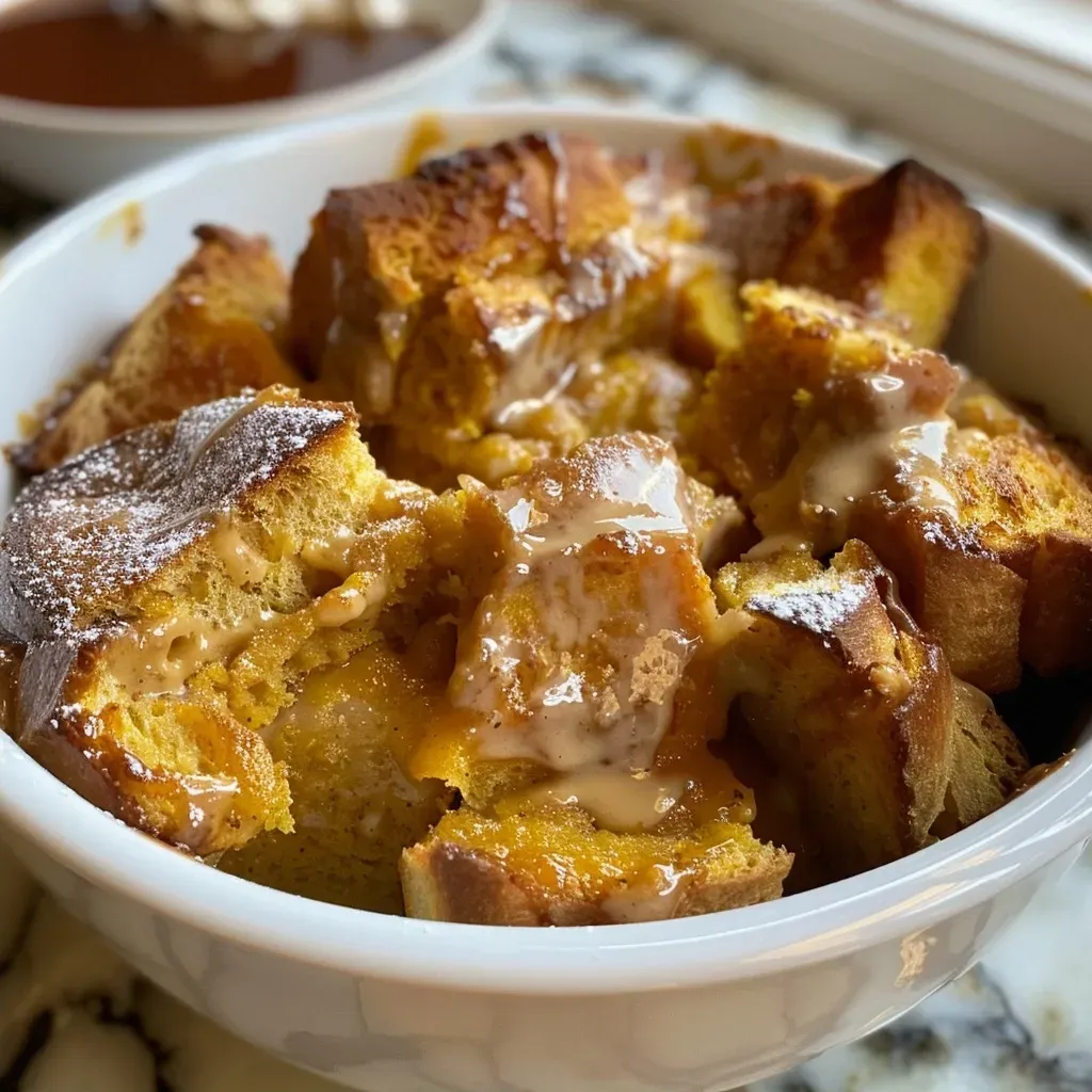 ['A close-up view of a slice of pumpkin bread pudding, showcasing its moist texture and rich color.', 'A side angle of pumpkin bread pudding, highlighting the golden-brown crust and creamy filling.', 'A detailed close-up of pumpkin bread pudding, displaying chunks of bread and pumpkin blended together.', 'A mouthwatering slice of pumpkin bread pudding, adorned with a drizzle of caramel sauce.']