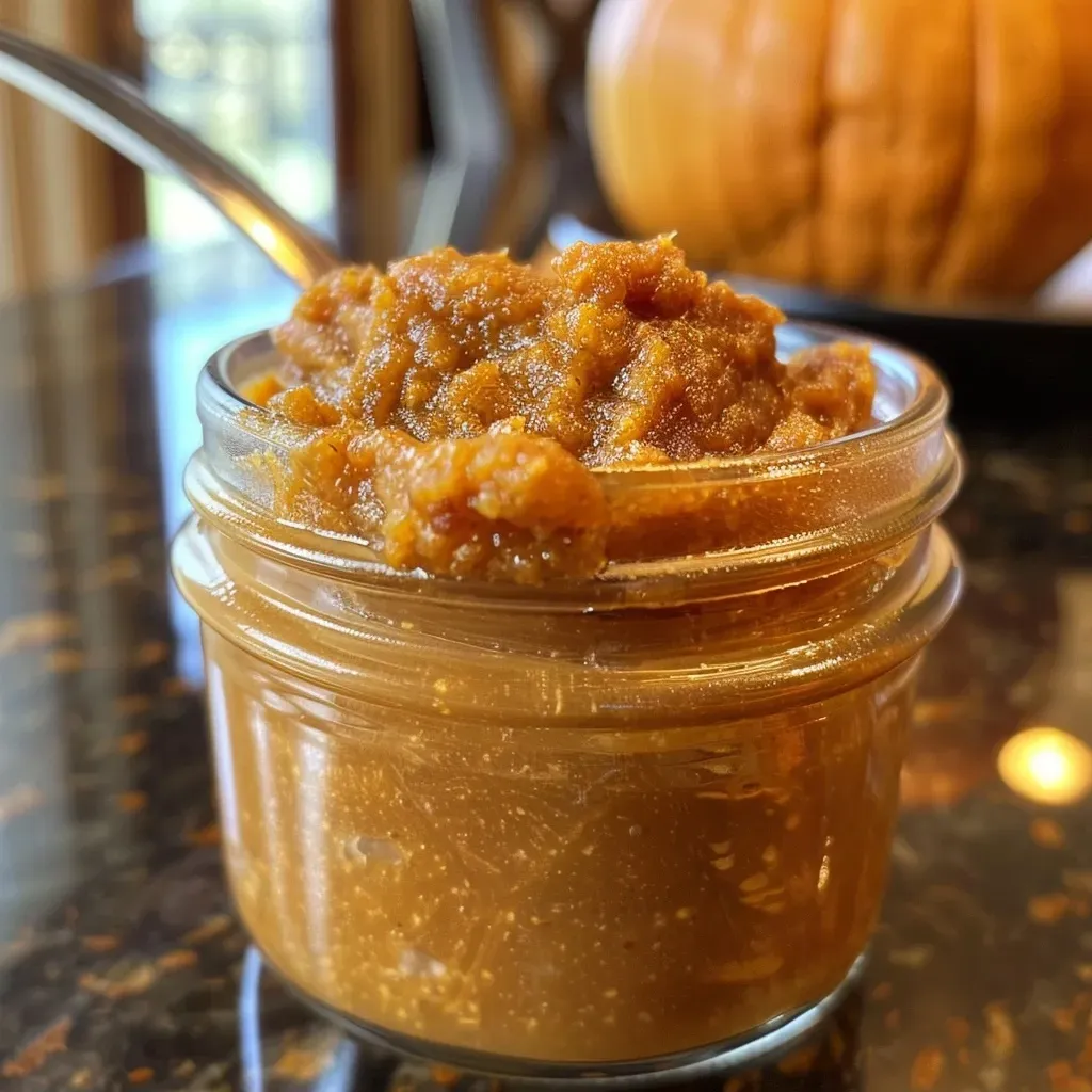 ['Close-up view of a jar filled with rich, creamy pumpkin butter.', 'Side view of pumpkin butter in a glass jar, showcasing its smooth texture.', 'A spoon scooping out luscious pumpkin butter from a jar.', 'Jars of pumpkin butter with a rustic background, emphasizing its vibrant color.']