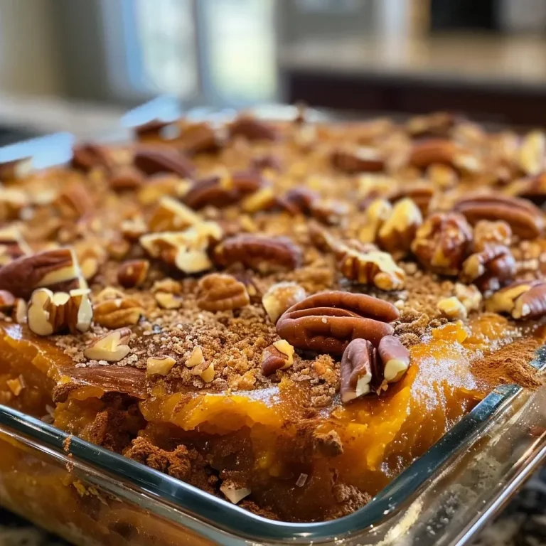 ['A close-up view of a golden-brown pumpkin casserole topped with chopped nuts.', 'Side view of a creamy pumpkin casserole with a smooth texture and nutty topping.', 'Juicy pumpkin casserole with a rich, golden crust and sprinkled pecans.', 'Delicious pumpkin casserole showcasing layers of pumpkin filling and a crunchy topping.']