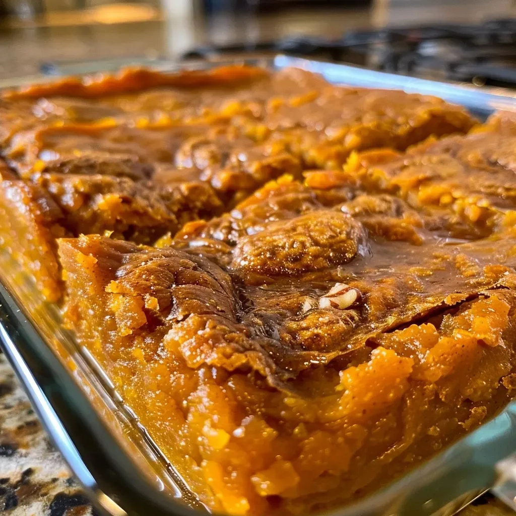 A close-up view of a golden-brown pumpkin casserole topped with chopped nuts.
