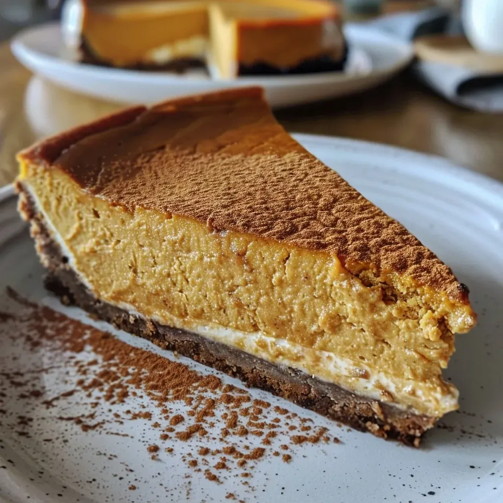 ['A slice of Pumpkin Cheesecake with a golden almond crust, viewed from the side.', 'Close up side view of a creamy Pumpkin Cheesecake with an almond crust and a smooth topping.', 'A delicious piece of Pumpkin Cheesecake showcasing its almond crust and rich filling.', 'Side profile of a decadent Pumpkin Cheesecake with an almond crust, displaying vibrant pumpkin color.']