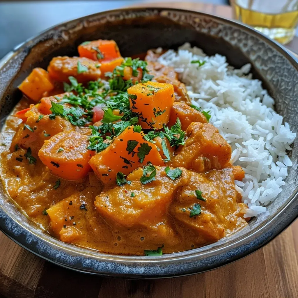 ['Close-up view of a vibrant pumpkin curry served in a bowl, showcasing colorful ingredients.', 'Side view of a hearty pumpkin curry, featuring chunks of vegetables and a creamy texture.', 'Detailed image of a pumpkin curry dish, highlighting its rich color and fresh herbs on top.', 'A tempting bowl of pumpkin curry with visible spices and a side of rice, garnished with herbs.']