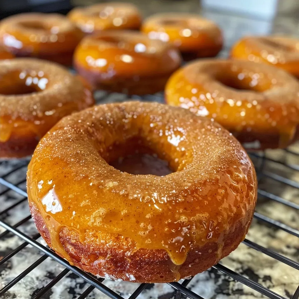 ['Close-up image of fluffy pumpkin donuts with a light glaze.', 'Side view of warm pumpkin donuts dusted with powdered sugar.', 'Juicy pumpkin donuts arranged on a rustic plate.', 'Detailed shot of glazed pumpkin donuts with hints of cinnamon.']
