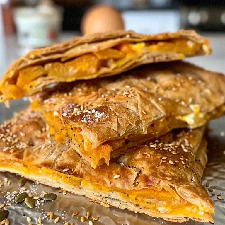 ['Close-up of golden-brown pumpkin flaky pastries with melted cheddar and caramelized onions.', 'Side view of flaky pastries filled with pumpkin, cheddar cheese, and topped with sesame seeds.', 'Juicy pumpkin pastries showcasing a flaky crust and hints of caramelized onions and thyme.', 'Delicious pumpkin pastries with a crispy exterior sprinkled with seeds and a rich filling.']