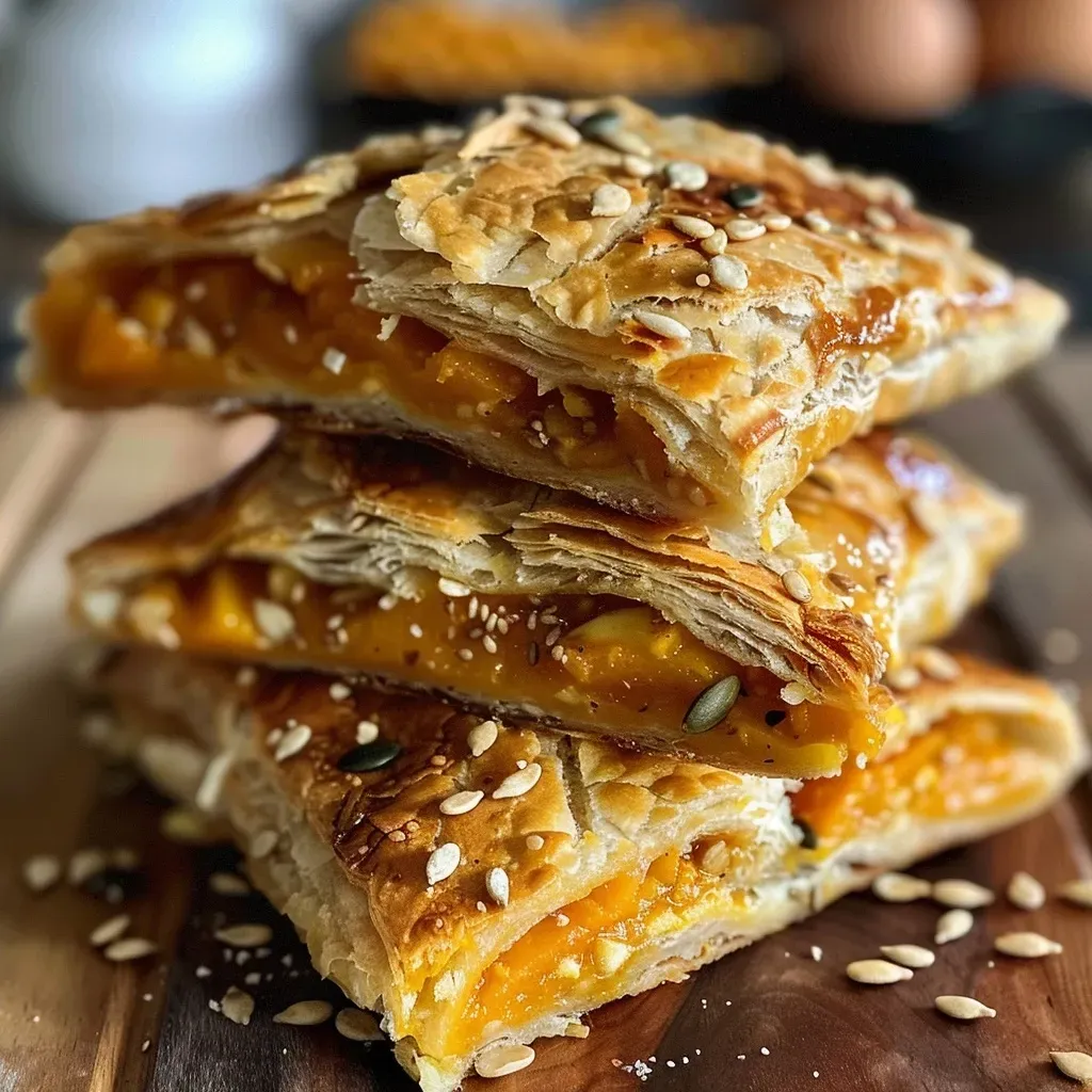 ['Close-up of golden-brown pumpkin flaky pastries with melted cheddar and caramelized onions.', 'Side view of flaky pastries filled with pumpkin, cheddar cheese, and topped with sesame seeds.', 'Juicy pumpkin pastries showcasing a flaky crust and hints of caramelized onions and thyme.', 'Delicious pumpkin pastries with a crispy exterior sprinkled with seeds and a rich filling.']