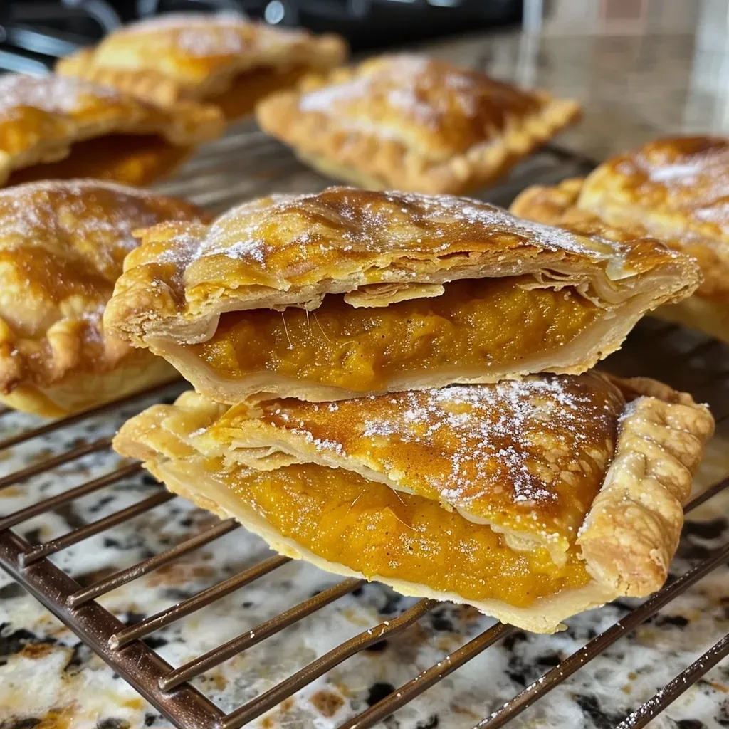 ['Close-up of golden-brown pumpkin hand pies with a flaky crust, showing the filling.', 'Side view of pumpkin hand pies with a shiny crust, showcasing their delicious texture.', 'Juicy pumpkin hand pies arranged neatly, highlighting their flaky exterior and vibrant filling.', 'Delicious pumpkin hand pies on a plate, revealing a rich pumpkin filling and flaky crust.']