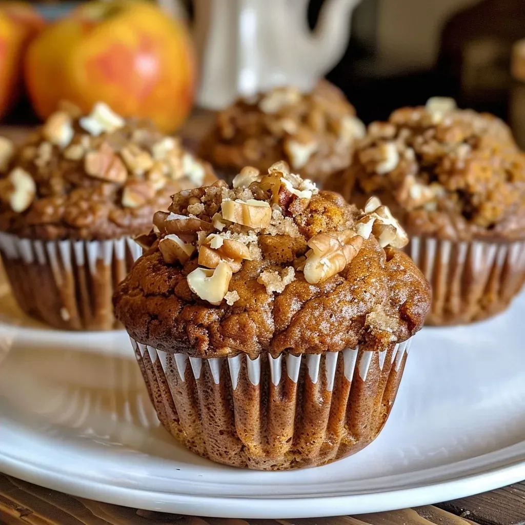 Close-up of freshly baked Pumpkin Morning Glory Muffins with visible flecks of carrot and apple.
