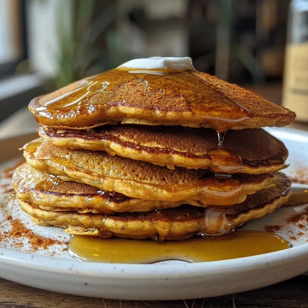A stack of golden-brown pumpkin pancakes topped with syrup and a sprinkle of cinnamon.