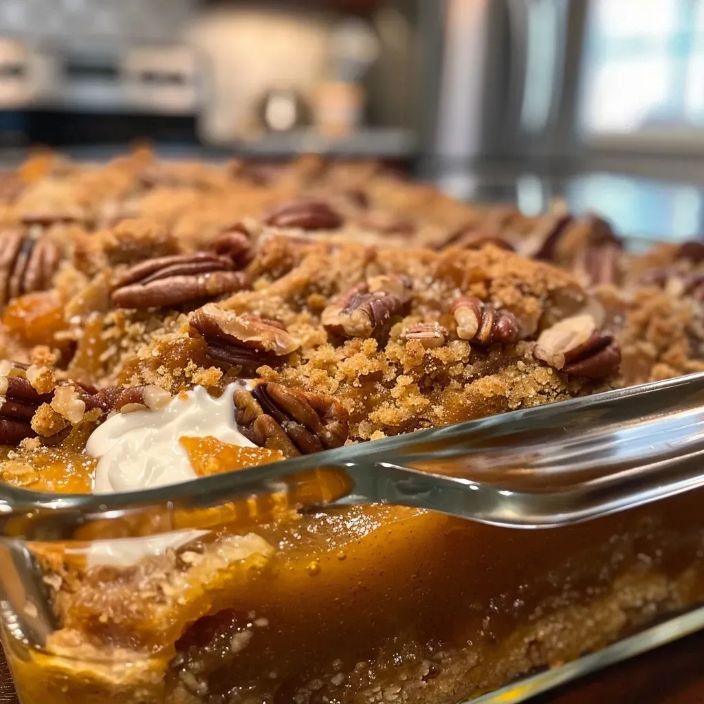 Close-up view of a slice of Pumpkin Pecan Cobbler topped with pecans.