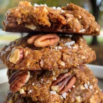 ['Close-up of golden-brown Pumpkin Pecan Cookies with a rustic texture.', 'Side view of freshly baked Pumpkin Pecan Cookies featuring chopped pecans.', 'Soft and chewy Pumpkin Pecan Cookies arranged on a plate, showcasing color and ingredients.', 'Juicy Pumpkin Pecan Cookies with visible pecans and a warm, inviting appearance.']