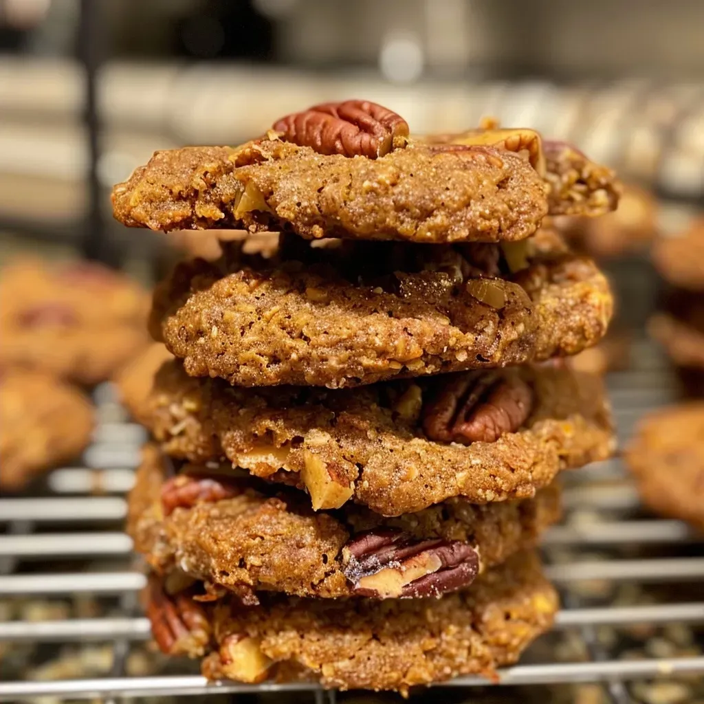 ['Close-up of golden-brown Pumpkin Pecan Cookies with a rustic texture.', 'Side view of freshly baked Pumpkin Pecan Cookies featuring chopped pecans.', 'Soft and chewy Pumpkin Pecan Cookies arranged on a plate, showcasing color and ingredients.', 'Juicy Pumpkin Pecan Cookies with visible pecans and a warm, inviting appearance.']