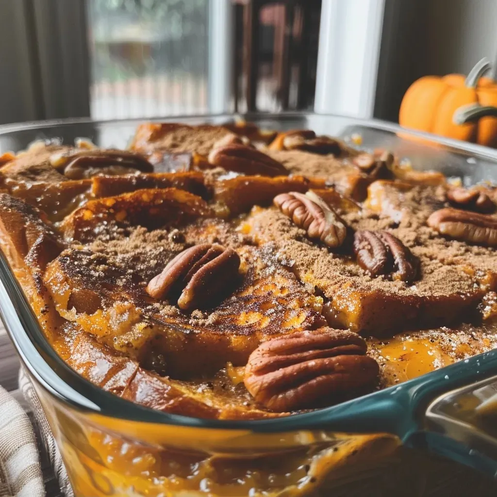 ['Close-up of a baked pumpkin pecan French toast dish, topped with pecans.', 'Side view of a golden-brown pumpkin pecan French toast casserole with a rustic appearance.', 'Juicy pumpkin pecan French toast bake with visible layers of bread and nuts.', 'A deliciously baked pumpkin pecan French toast, showcasing gooey texture and nut toppings.']