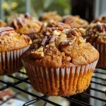 ['A close-up side view of a golden-brown Pumpkin Pecan Muffin topped with a cinnamon sugar crumble.', 'Juicy Pumpkin Pecan Muffins with a crunchy crumble topping displayed on a rustic table.', 'Side view of a muffin showcasing the texture of the pumpkin and pecan, with a cinnamon sugar sprinkle.', 'Deliciously baked Pumpkin Pecan Muffins with a decorative cinnamon sugar topping, viewed from the side.']