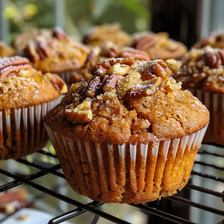['A close-up side view of a golden-brown Pumpkin Pecan Muffin topped with a cinnamon sugar crumble.', 'Juicy Pumpkin Pecan Muffins with a crunchy crumble topping displayed on a rustic table.', 'Side view of a muffin showcasing the texture of the pumpkin and pecan, with a cinnamon sugar sprinkle.', 'Deliciously baked Pumpkin Pecan Muffins with a decorative cinnamon sugar topping, viewed from the side.']
