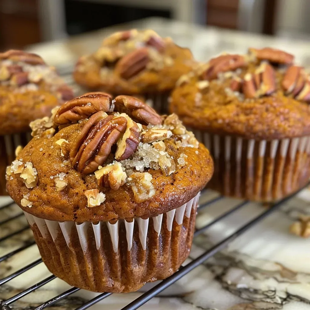 A close-up side view of a golden-brown Pumpkin Pecan Muffin topped with a cinnamon sugar crumble.