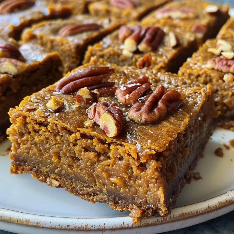 ['Close-up side view of a slice of pumpkin pie bar topped with chopped pecans.', 'Juicy pumpkin pie bars displayed, showcasing layers and a crispy edge.', 'Rich pumpkin pie bars with a golden crust and visible pecans in a side view.', 'A delectable pumpkin pecan pie bar slice with a shiny maple glaze.']