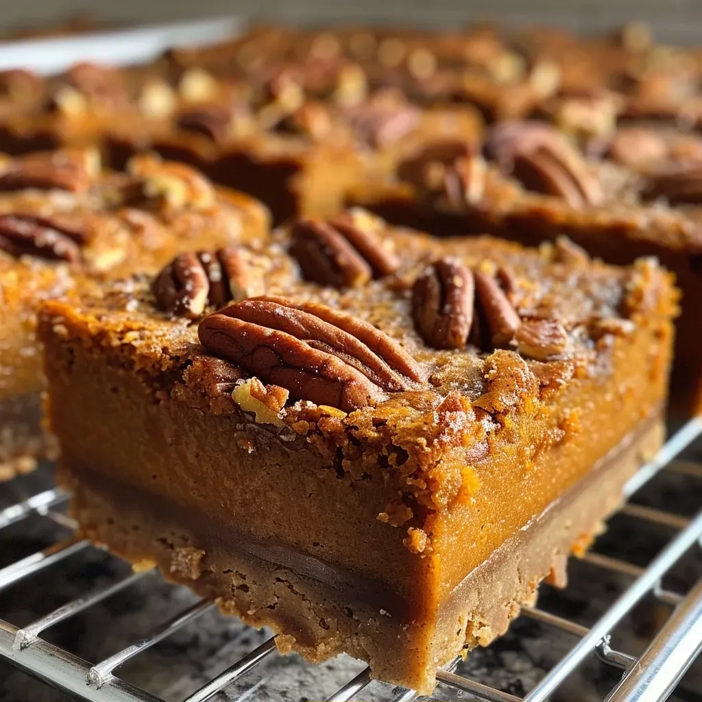 Close-up side view of a slice of pumpkin pie bar topped with chopped pecans.
