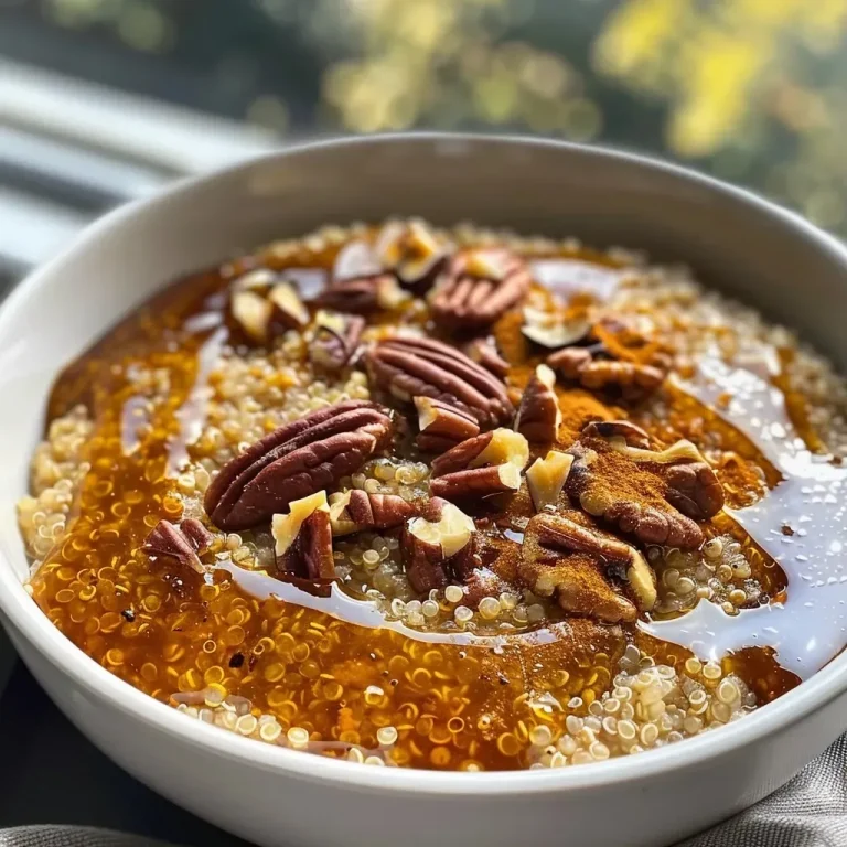 ['A close-up view of a bowl filled with creamy pumpkin pie breakfast quinoa topped with pecans.', 'Side view of a delicious serving of pumpkin pie breakfast quinoa garnished with maple sugar and nuts.', 'A vibrant bowl showcasing pumpkin pie quinoa with a smooth texture and sprinkled toppings.', 'Detailed image of a breakfast dish featuring quinoa flakes mixed with pumpkin and spices.']