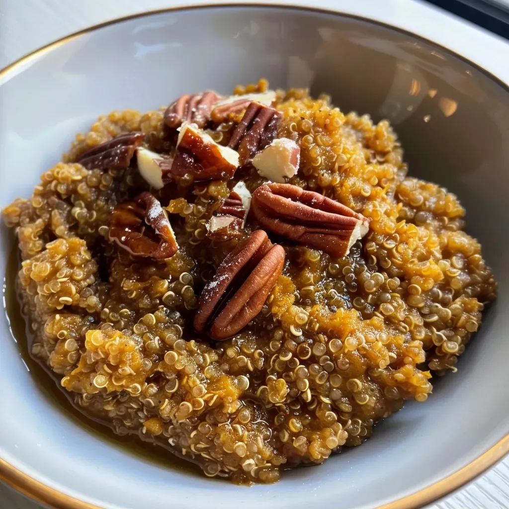 ['A close-up view of a bowl filled with creamy pumpkin pie breakfast quinoa topped with pecans.', 'Side view of a delicious serving of pumpkin pie breakfast quinoa garnished with maple sugar and nuts.', 'A vibrant bowl showcasing pumpkin pie quinoa with a smooth texture and sprinkled toppings.', 'Detailed image of a breakfast dish featuring quinoa flakes mixed with pumpkin and spices.']