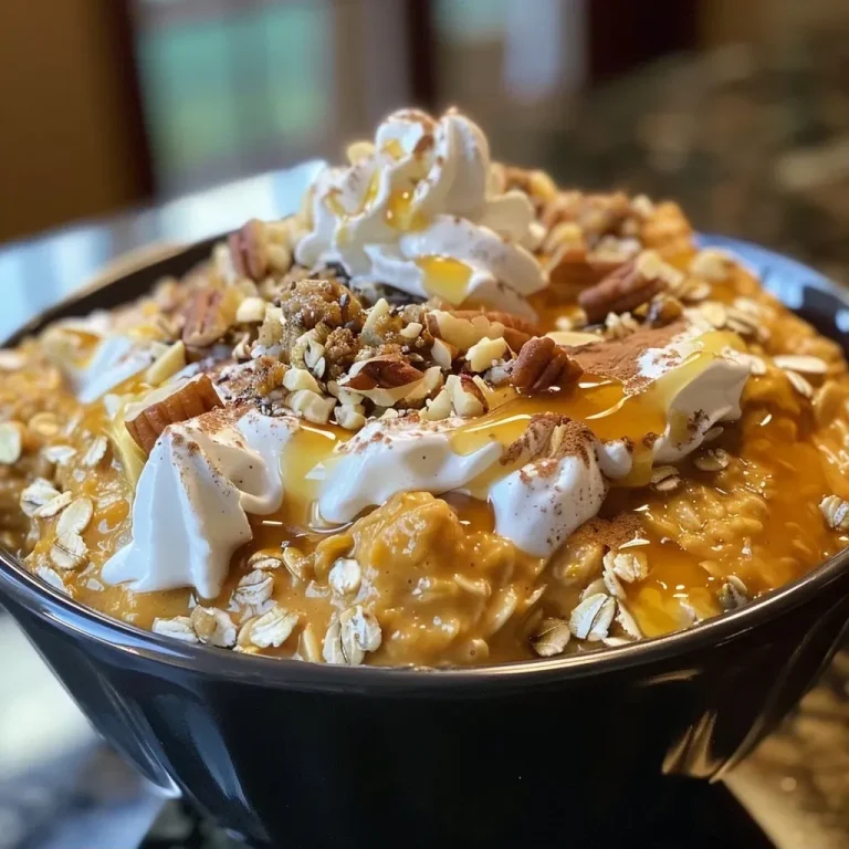 ['Close-up of creamy pumpkin pie overnight oats in a jar with toppings.', 'Side view of a serving of pumpkin pie overnight oats with granola and pecans.', 'Delicious overnight oats with pumpkin puree and whipped cream on top.', 'A jar filled with pumpkin pie overnight oats and sprinkled with nuts.']