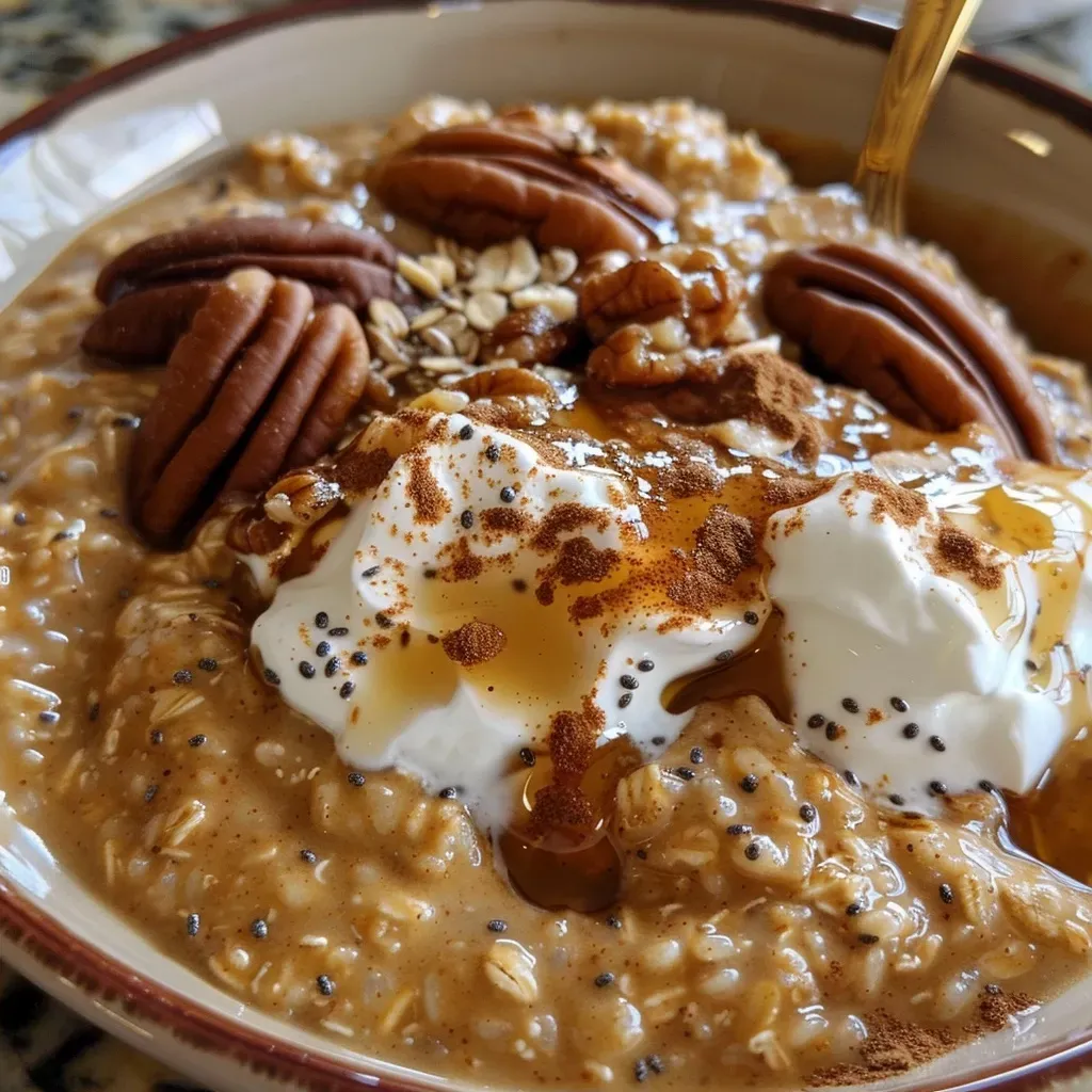 ['Close-up view of Pumpkin Pie Overnight Oats with a spoon beside it.', 'Side angle of creamy Pumpkin Pie Overnight Oats topped with chopped pecans.', 'Detailed shot of Pumpkin Pie Overnight Oats in a glass bowl, garnished with whipped cream.', 'Rich and textured Pumpkin Pie Overnight Oats showcasing layers of ingredients.']