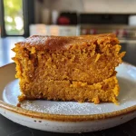 ['Close-up of a slice of pumpkin protein breakfast cake with a moist texture.', 'Side view of a delicious pumpkin protein breakfast cake topped with a drizzle of maple syrup.', 'Juicy pumpkin protein cake slice showcasing vibrant orange color and fluffy interior.', 'A piece of pumpkin protein breakfast cake on a plate, highlighting its rich ingredients.']