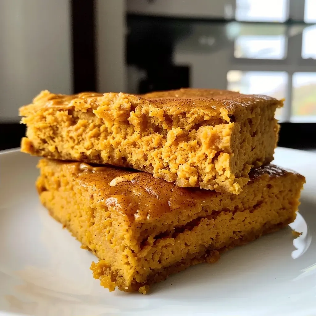 ['Close-up of a slice of pumpkin protein breakfast cake with a moist texture.', 'Side view of a delicious pumpkin protein breakfast cake topped with a drizzle of maple syrup.', 'Juicy pumpkin protein cake slice showcasing vibrant orange color and fluffy interior.', 'A piece of pumpkin protein breakfast cake on a plate, highlighting its rich ingredients.']