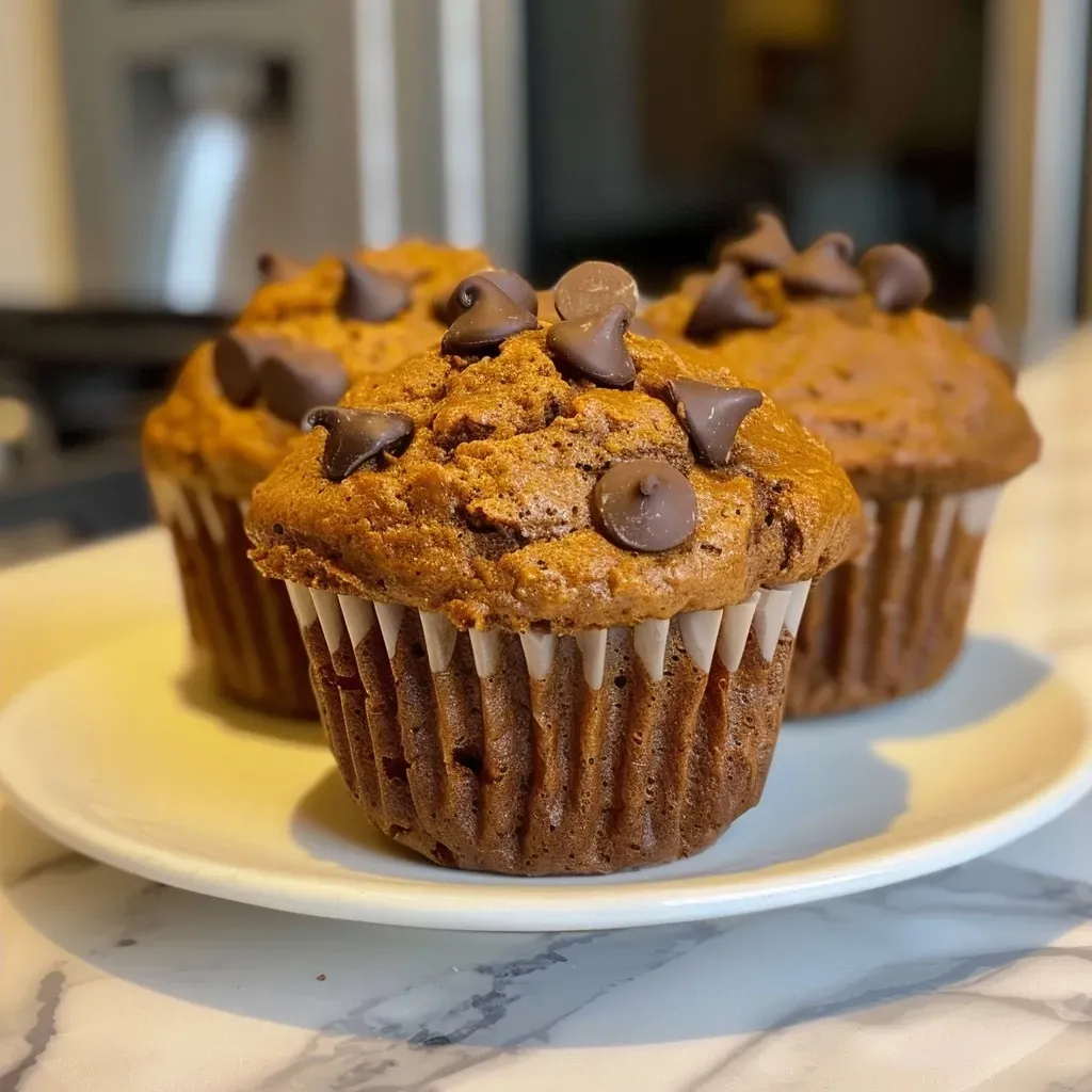 ['Close-up side view of moist pumpkin protein muffins topped with mini chocolate chips.', 'Delicious pumpkin protein muffins on a wooden table, showcasing a soft and fluffy texture.', 'A freshly baked pumpkin protein muffin with a golden crust and chocolate chips, captured from the side.', 'Side view of pumpkin protein muffins, highlighting their rich color and inviting appearance.']