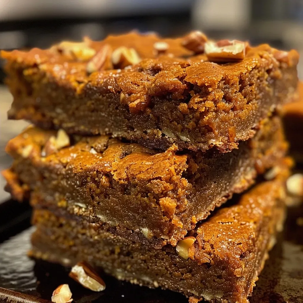 ['Close-up of golden-brown Pumpkin Spice Bars with a moist texture.', 'Side view of delicious Pumpkin Spice Bars topped with chopped nuts.', 'Homemade Pumpkin Spice Bars on a plate, showcasing their spiced layers.', 'A slice of Pumpkin Spice Bars, highlighting the warm spices within.']
