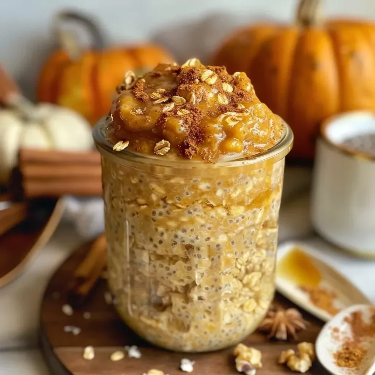 ['Close-up view of creamy pumpkin spice overnight oats in a glass jar topped with a swirl of maple syrup.', 'Side view of a bowl filled with pumpkin spice overnight oats, showcasing its rich, creamy texture and garnished with pumpkin pie spice.', 'Detailed shot of overnight oats featuring a vibrant orange pumpkin purée, chia seeds, and a maple syrup drizzle.', 'Close-up image of a mason jar with layered pumpkin spice overnight oats, highlighting the creamy yogurt and oats mixture.']