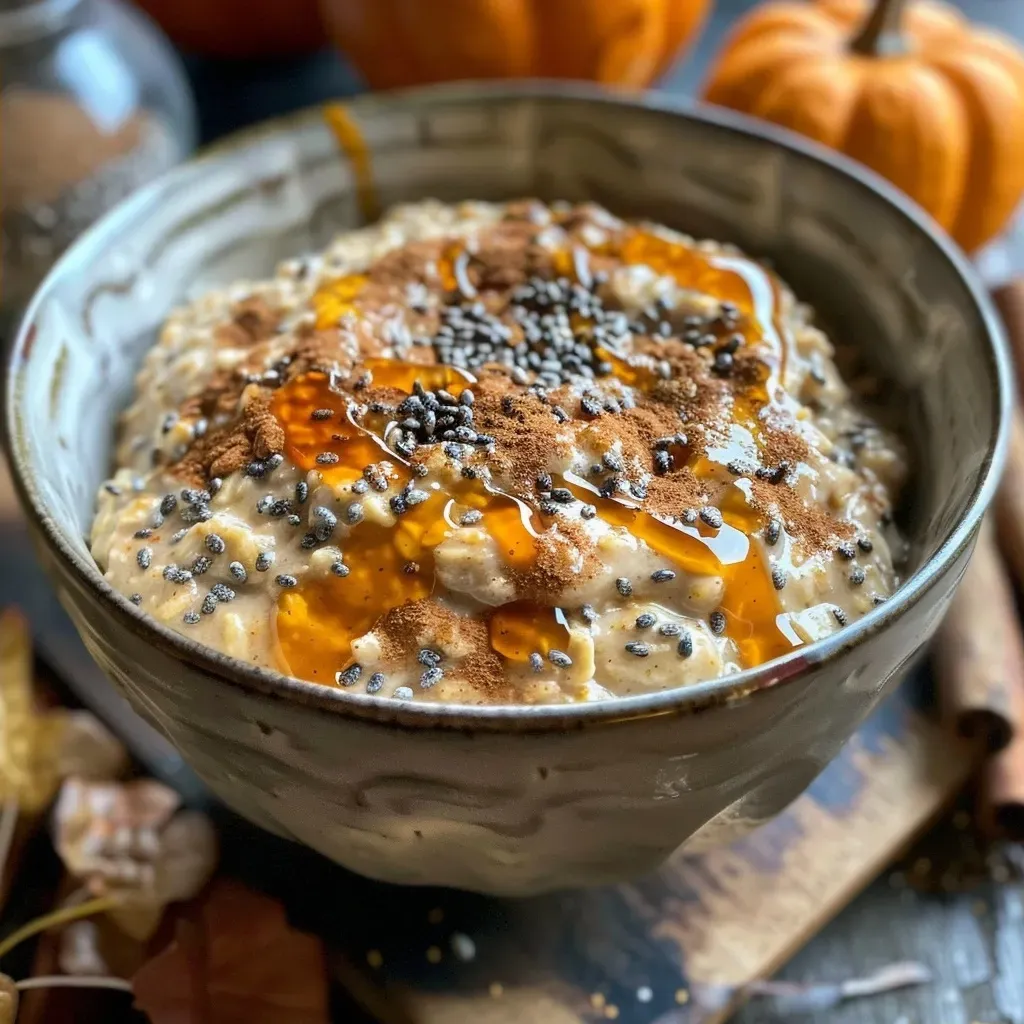 Close-up view of creamy pumpkin spice overnight oats in a glass jar topped with a swirl of maple syrup.